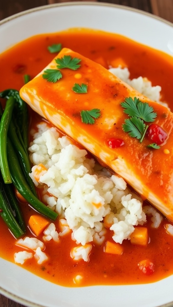 A plate of spicy coconut curry salmon with creamy sauce over rice, garnished with cilantro and spinach.